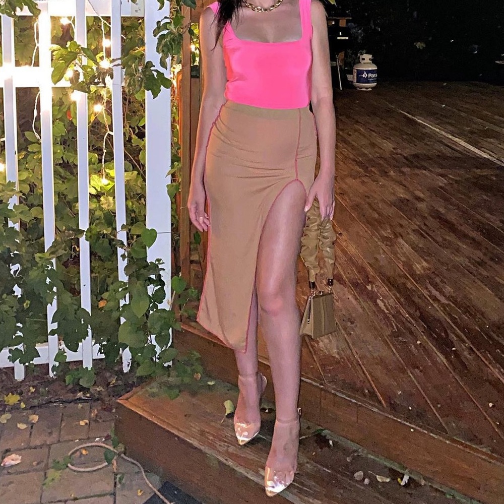 PLT Brown Midi Skirt with Pink Lining